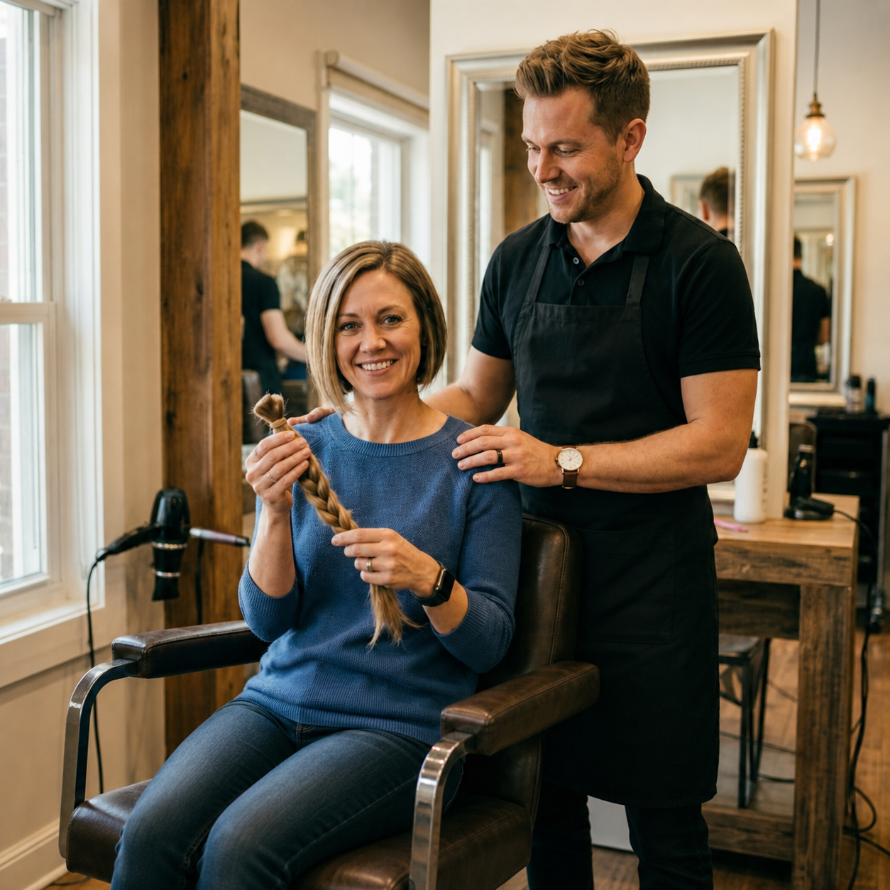 Frau mit gespendetem Haarzopf und Friseur – KI-generiertes Symbolbild