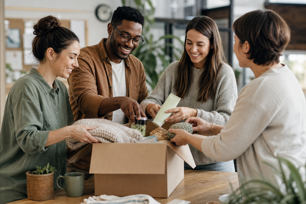 Menschen packen gemeinsam eine Sachspende
